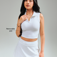 White Collared Tennis Bra Tank | Removable Pad.